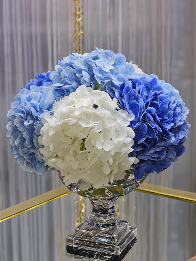 Medium bouquet of blue hydrangea with silver badge