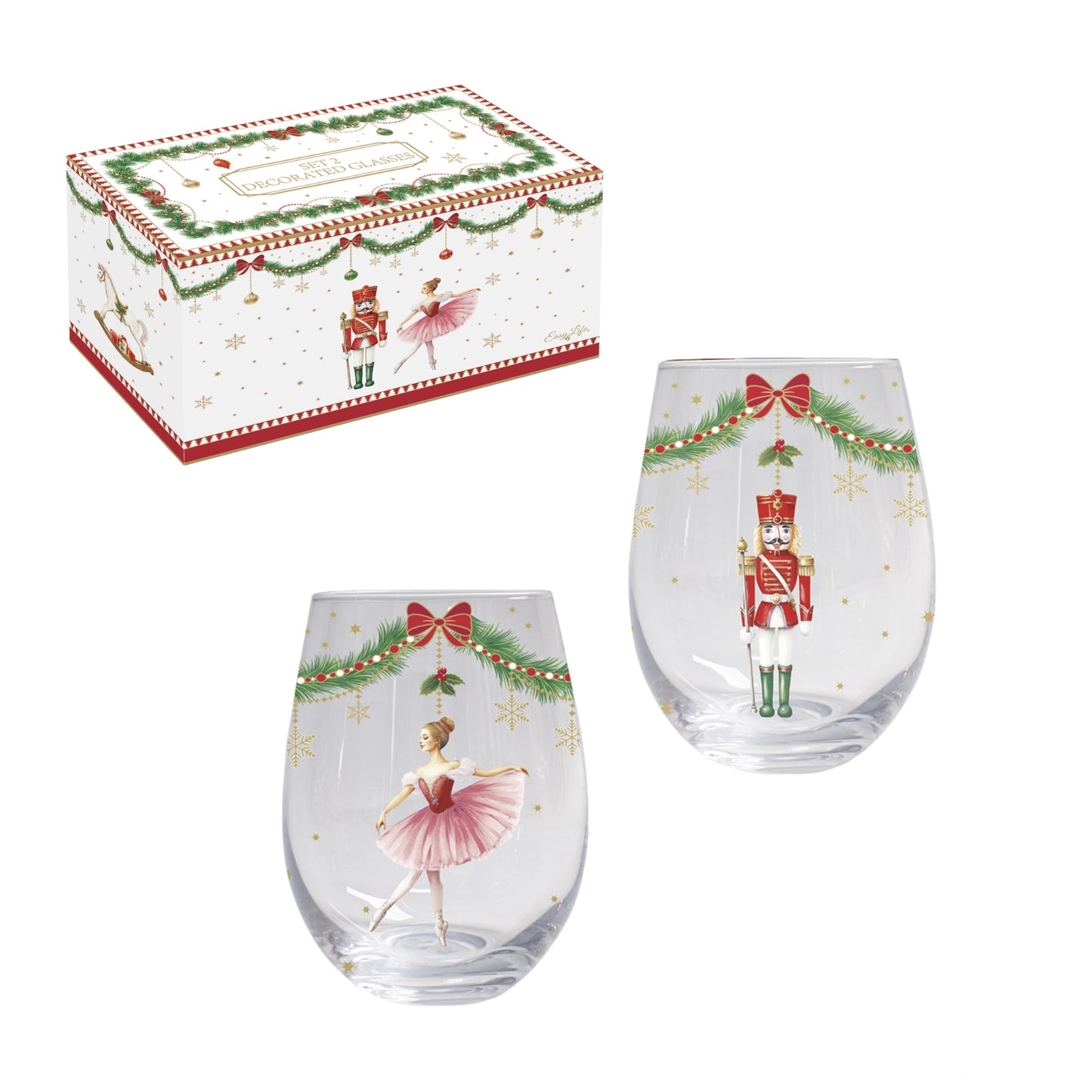 Set de 2 gobelets en verre 50 cl décorés de motifs de Noël : ballerine et casse-noisette, style festif et féérique.