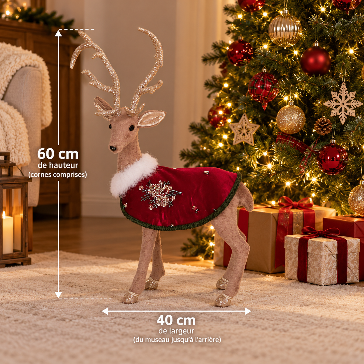 Renne de Noël 60cm avec cape rouge