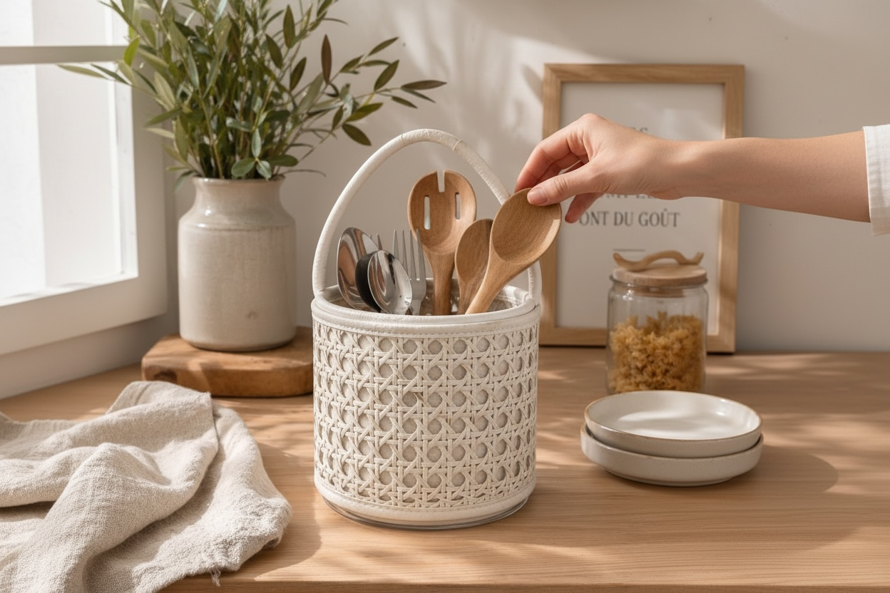 Porte couvert Viena en cuir et paille – Blanc