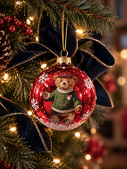 Boule de Noël Rouge avec Ourson et Flocons
