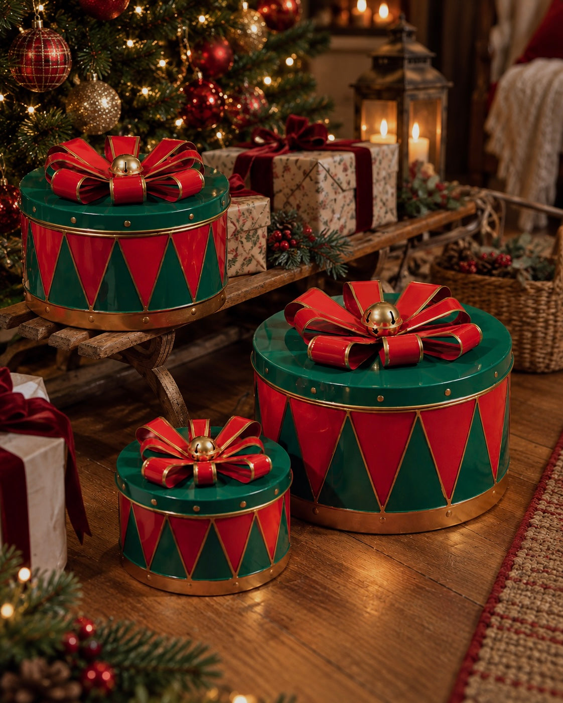 Ensemble de 3 Boîtes Tambour de Noël – Rouge/Vert