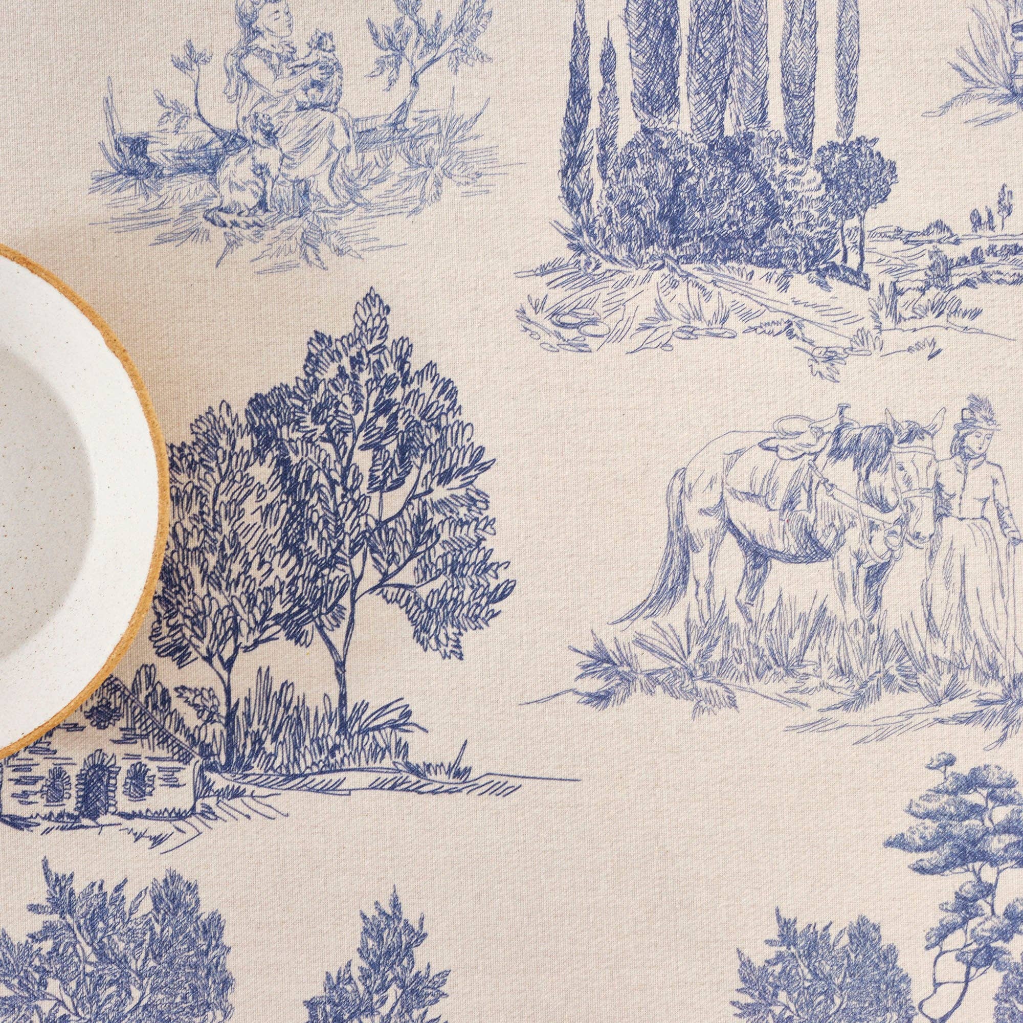 Nappe Toile de jouy bleu résistante aux taches 200x140