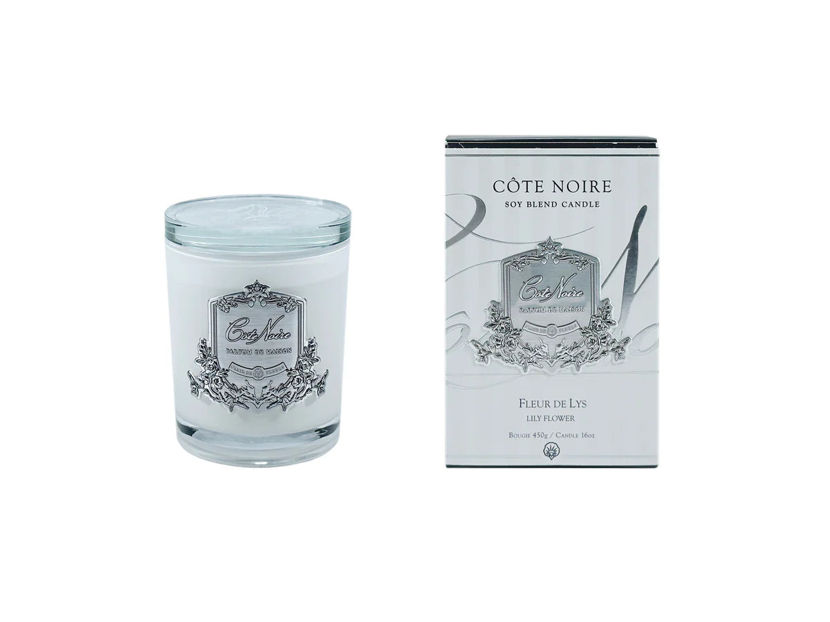 Bougie 450g fleur de lys blanc Argent - Maison porcel  | Porcelaine