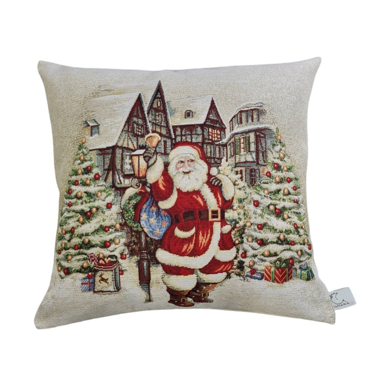 Coussin de Noël écrue – Père Noël et village enneigé