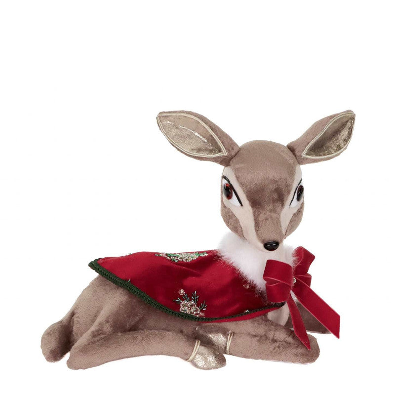 Renne de Noël couché cape velours brodée – 45 cm