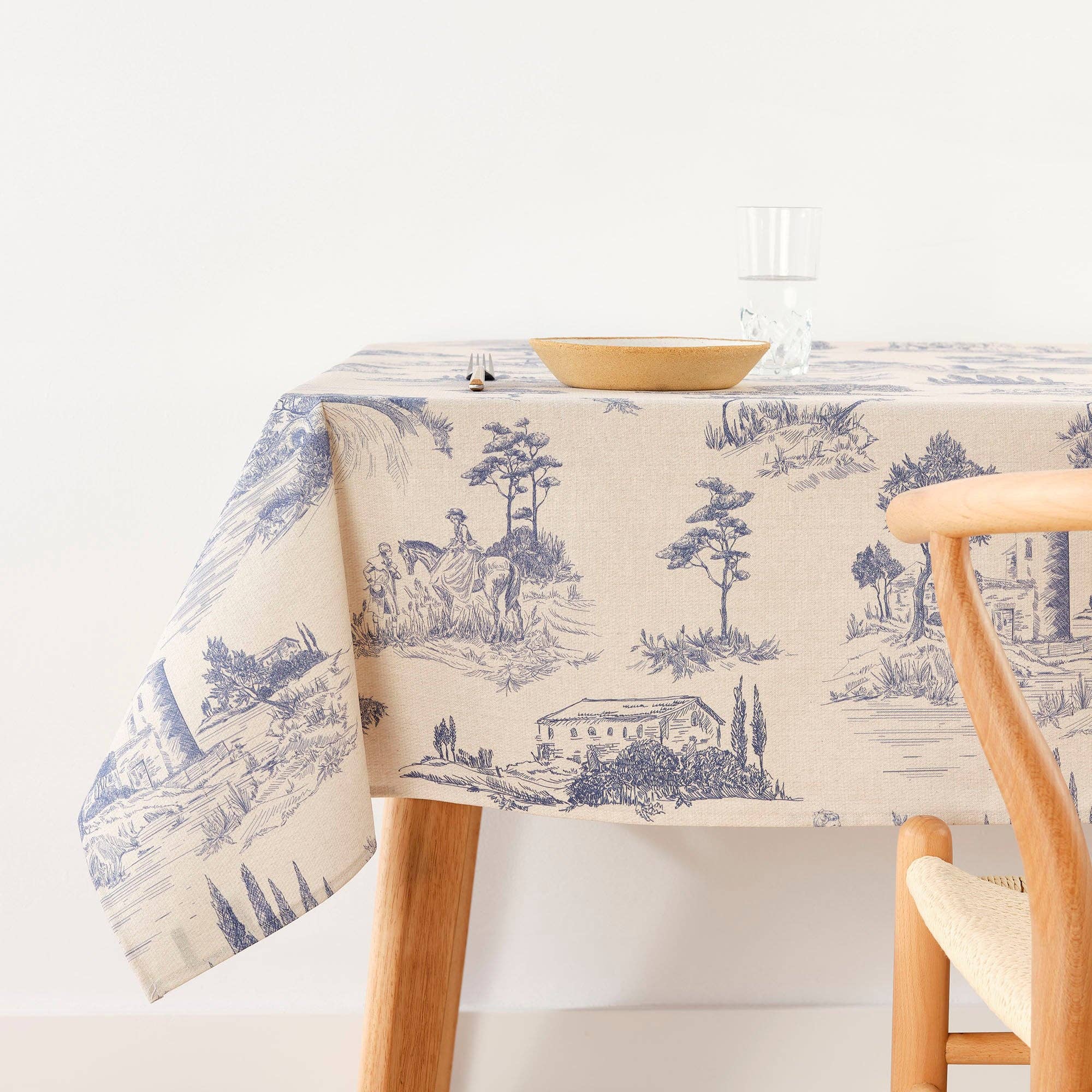 Nappe Toile de jouy bleu résistante aux taches 200x140