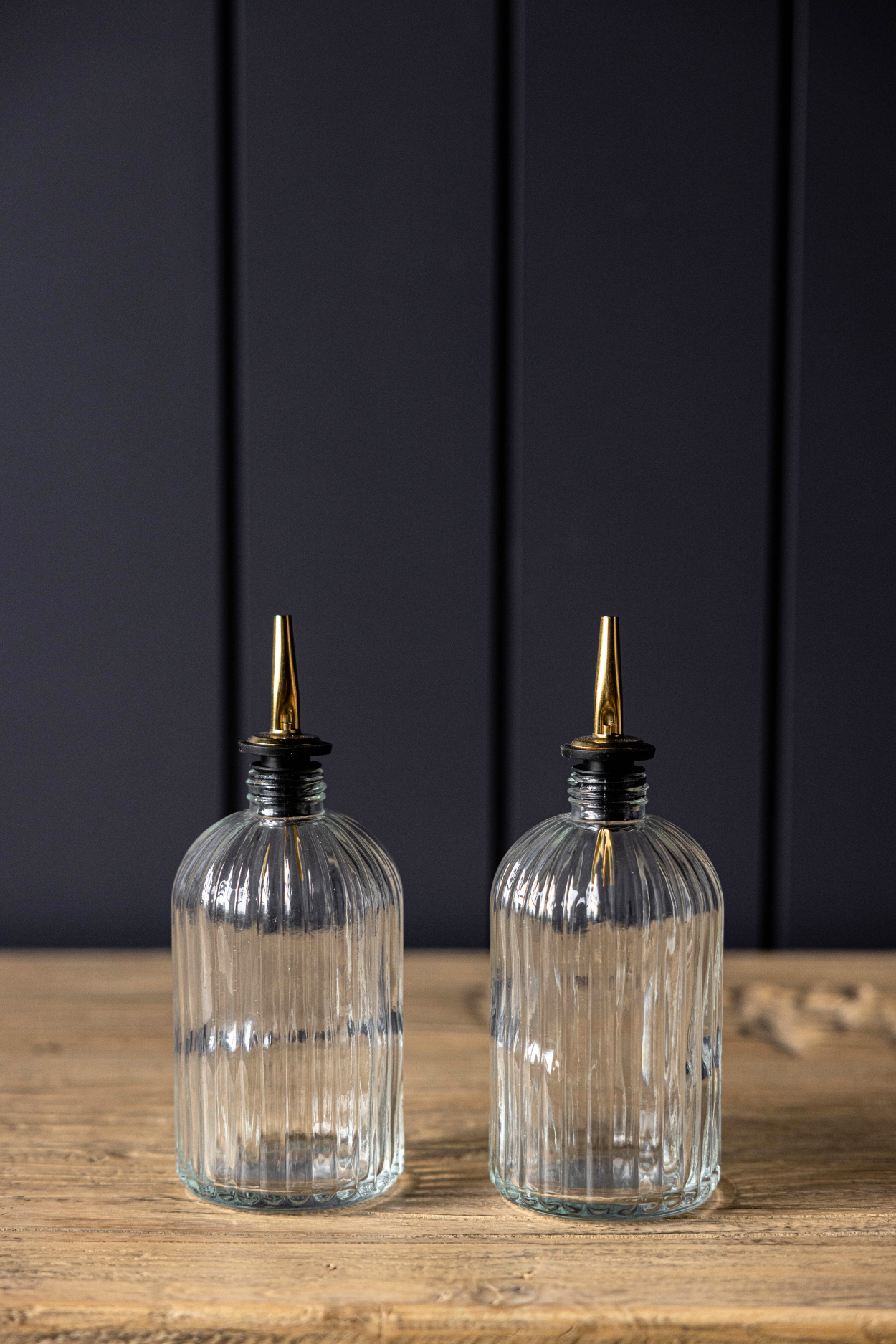 Fluted glass bottles for olive oil and vinegar
