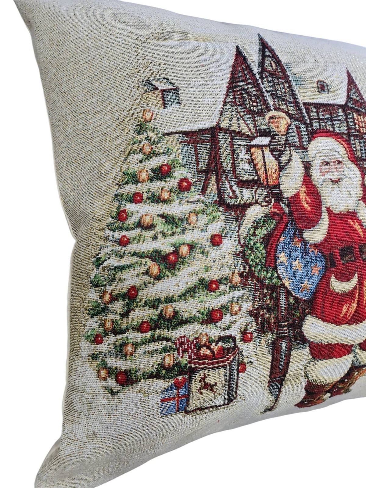 Coussin de Noël écrue – Père Noël et village enneigé