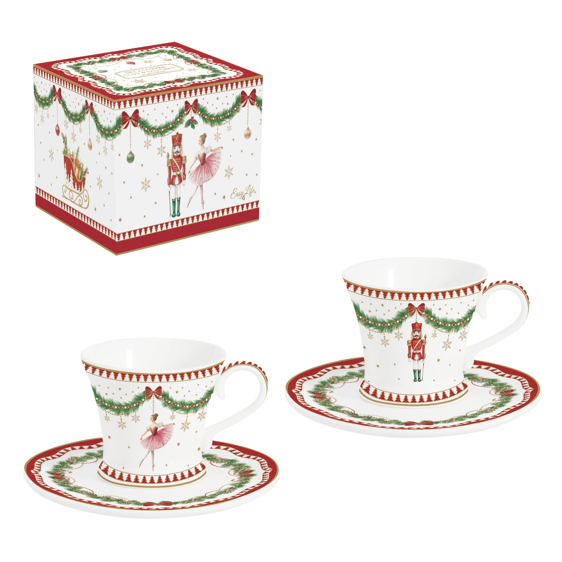 Magie de noël coffret 2 tasses à café et soucoupe - Maison porcel  | Porcelaine