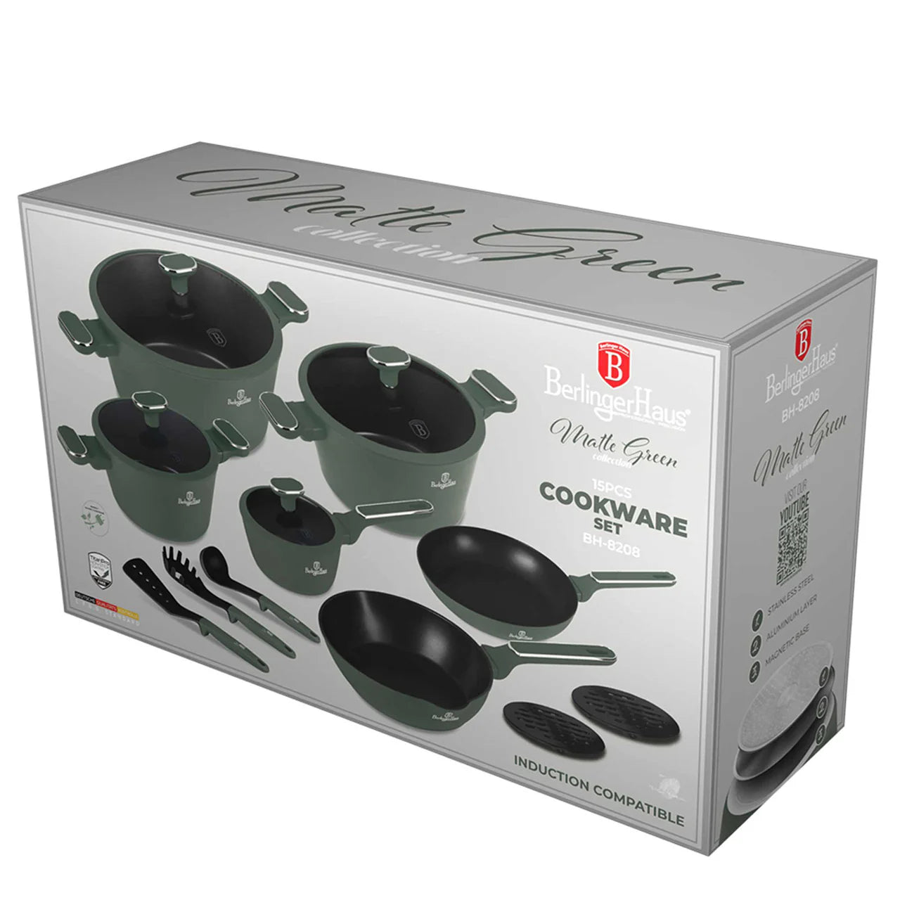 Set de Cuisine 15 Pièces – Vert Mat