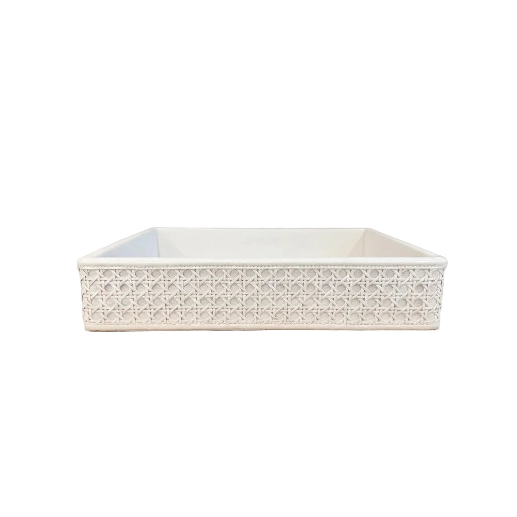 Plateau rectangle Viena en cuir et paille – Blanc