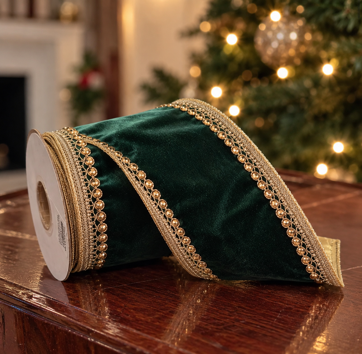 Ruban de Noël en velours vert et dorées 10 cm