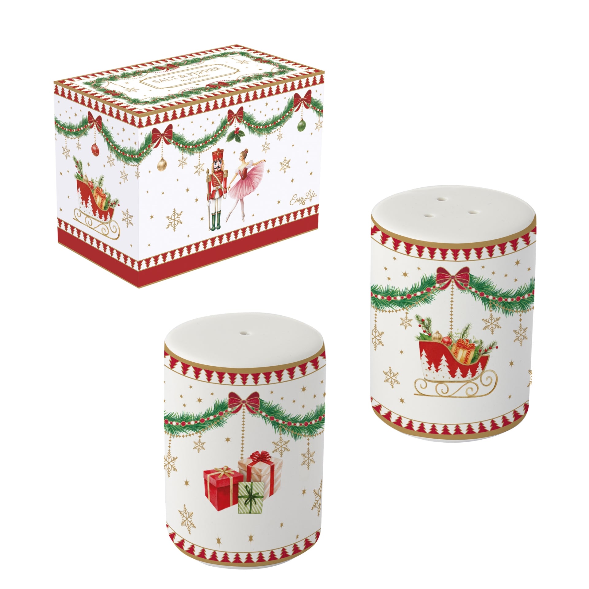 Salière et poivrière en porcelaine blanche décor Noël avec guirlandes vertes et coffret assorti rouge et blanc.