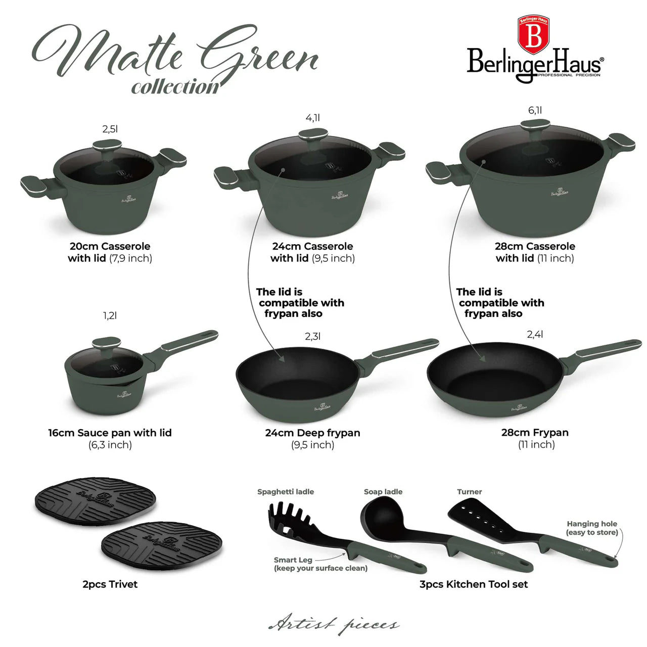 Set de Cuisine 15 Pièces – Vert Mat