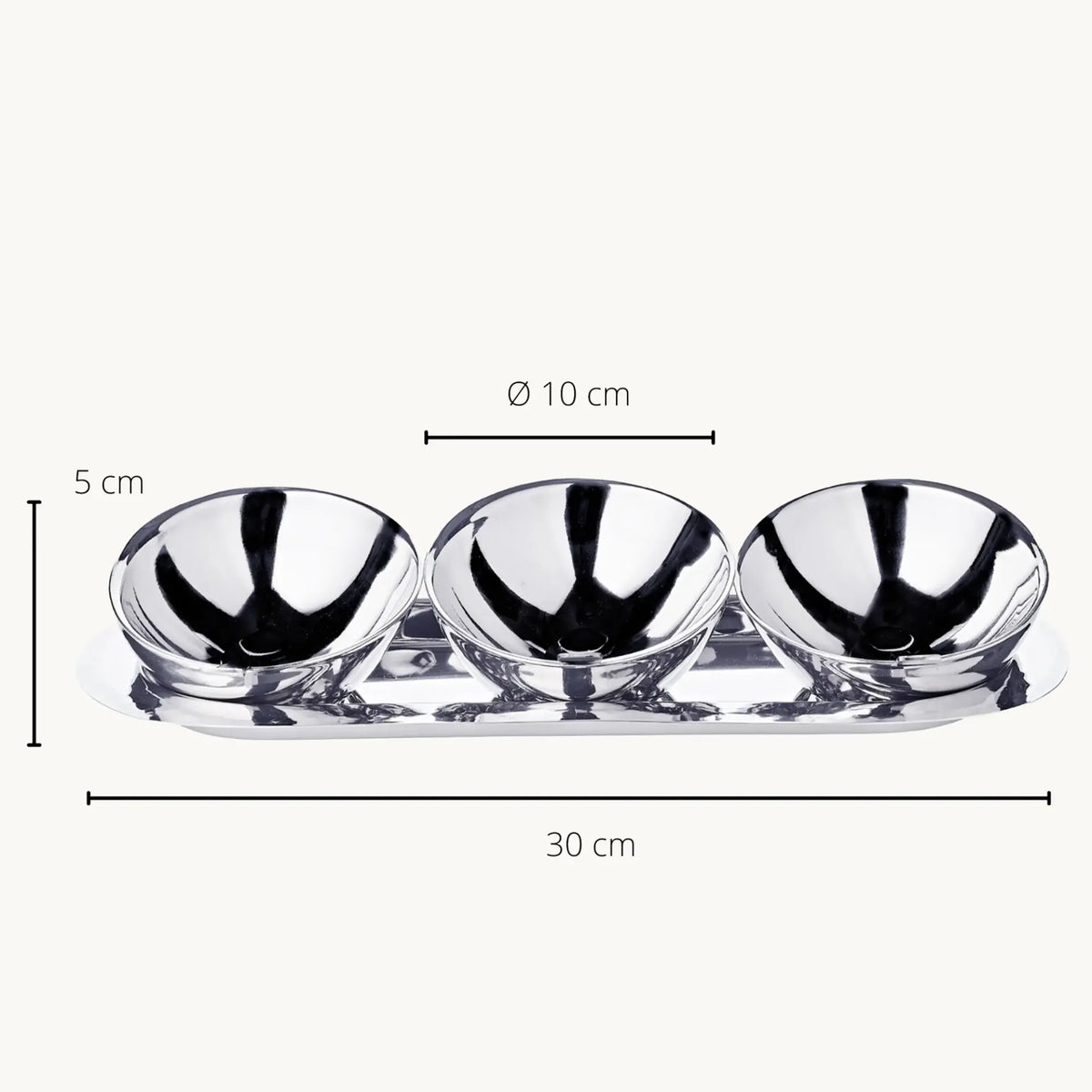 Trio de coupelles sur plateau en acier inoxydable