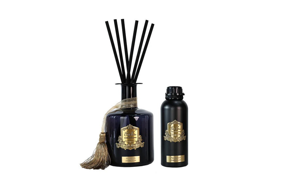 Diffuseur d’ambiance Château 120cl avec flacon noir laqué, bâtonnets et recharge parfum Prosecco Blanc – design Art déco élégant.