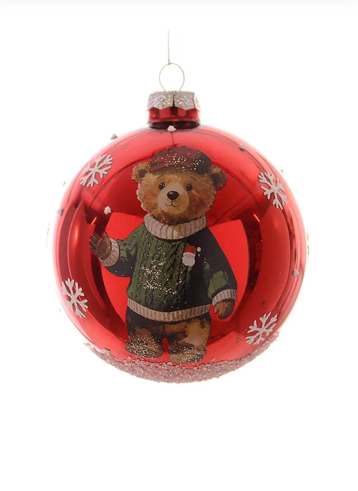 Boule de Noël Rouge avec Ourson et Flocons