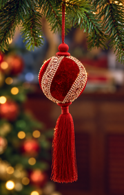 Boule de Noël velours rouge et perles 28 cm