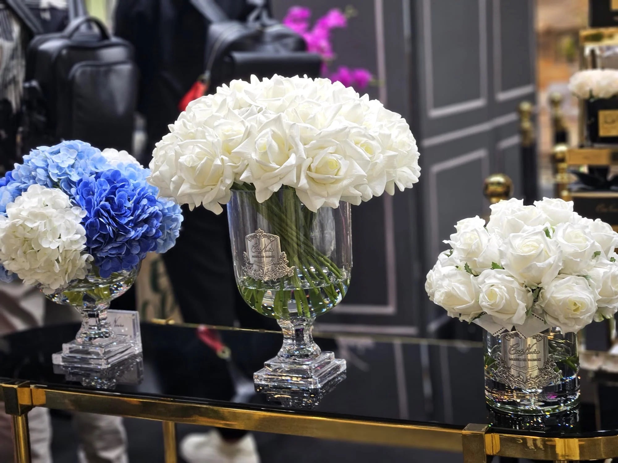 Medium bouquet of blue hydrangea with silver badge