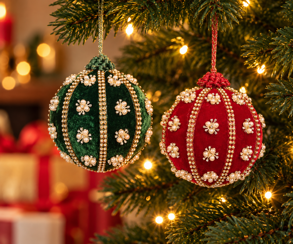 Set 2 boules de Noël en velours ornées de perles