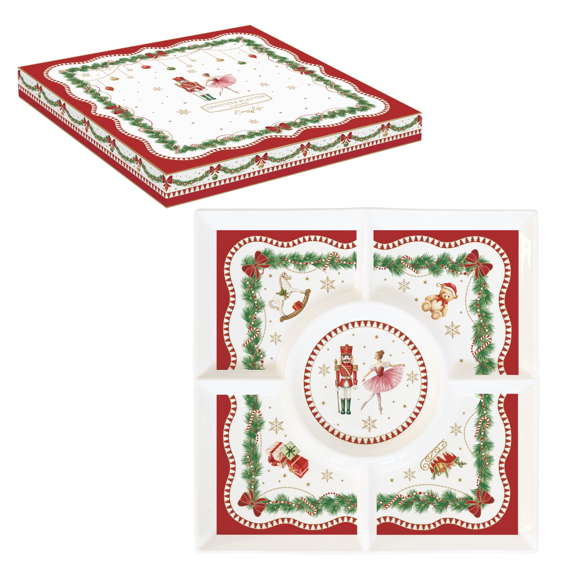 Plat carré en porcelaine 25x25 cm avec décor de Noël : guirlandes, houx et scène festive, présenté en coffret cadeau.
