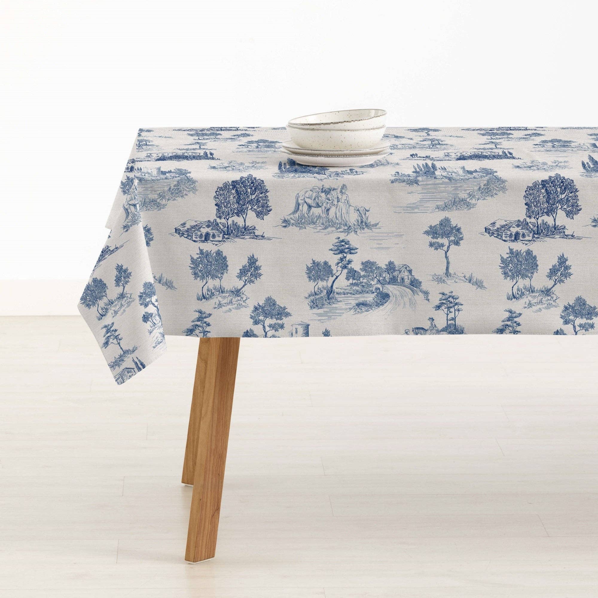 Nappe Toile de jouy bleu résistante aux taches 200x140