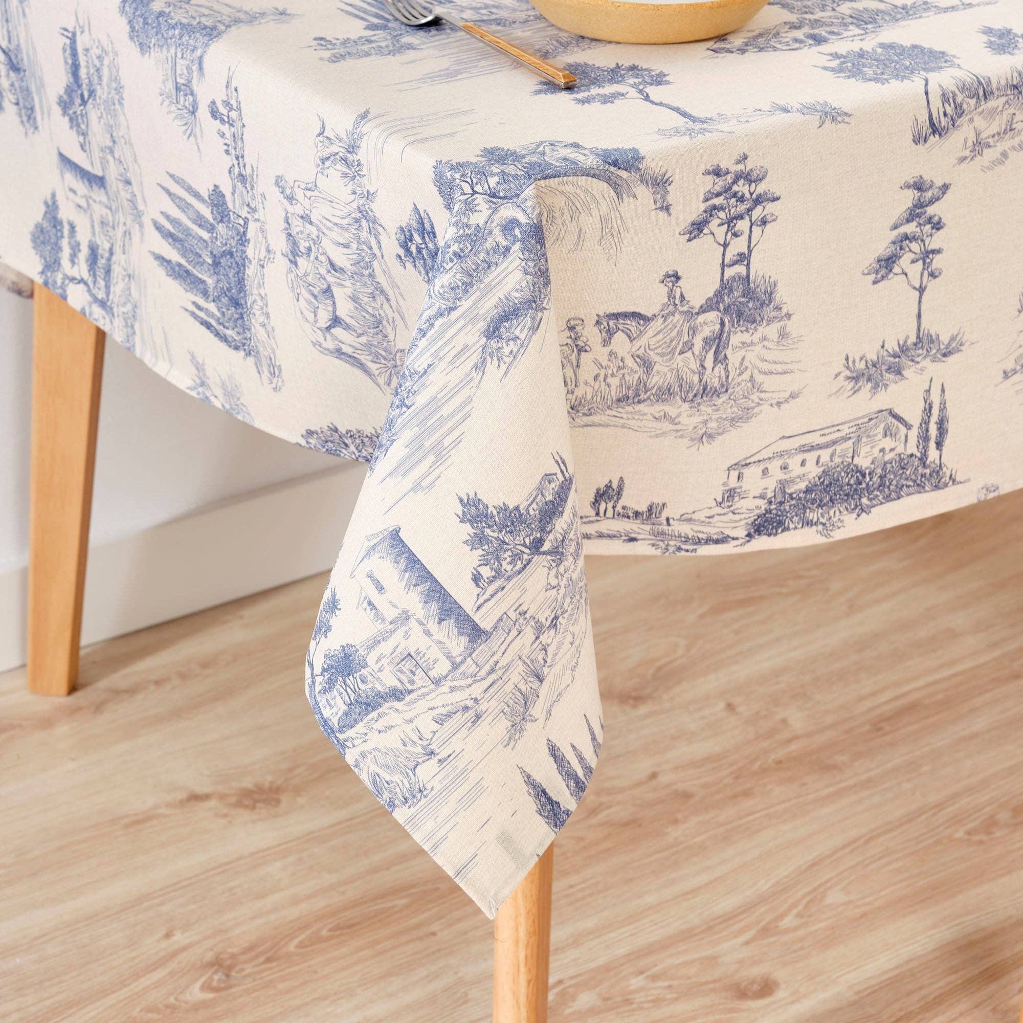 Nappe Toile de jouy bleu résistante aux taches 200x140