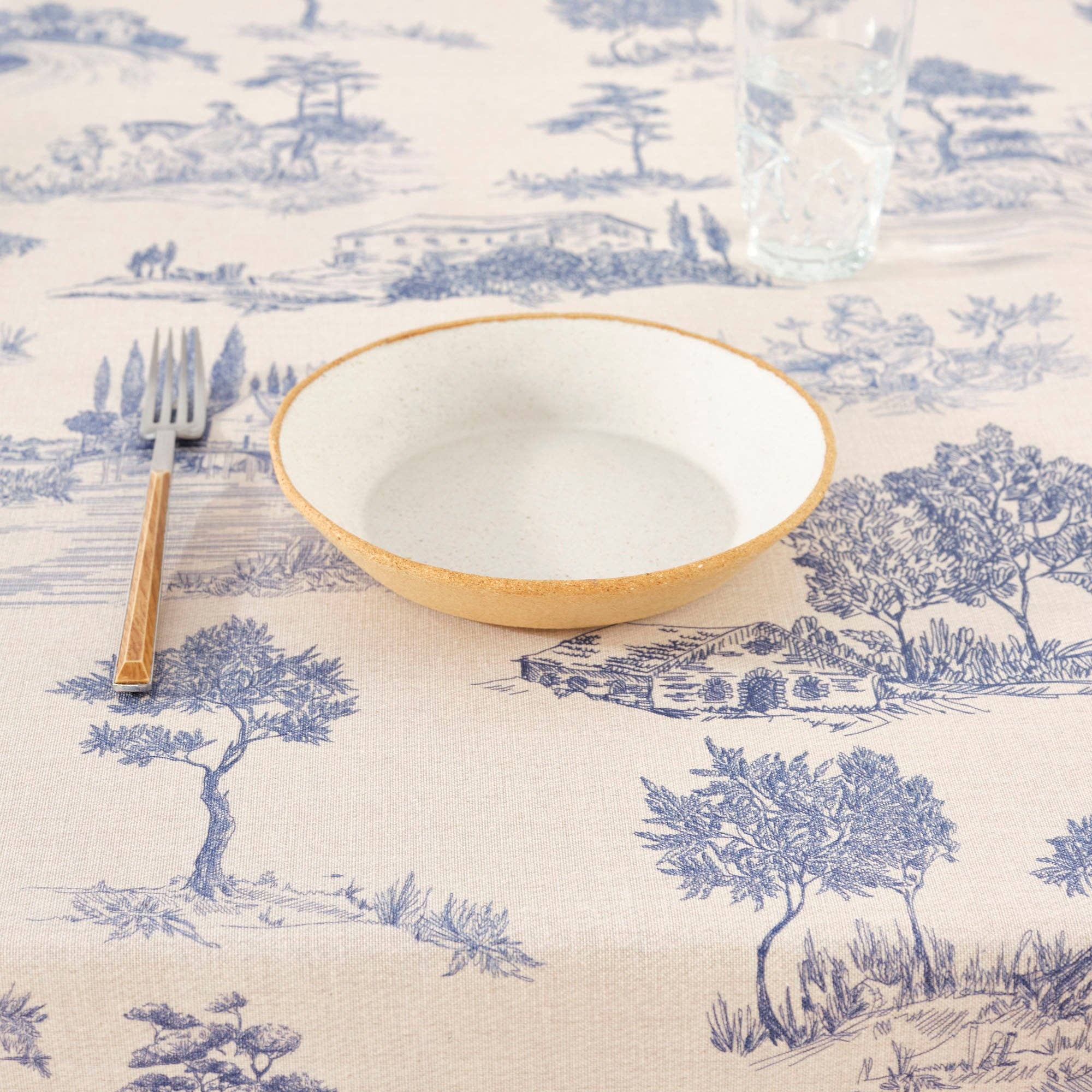 Nappe Toile de jouy bleu résistante aux taches 200x140